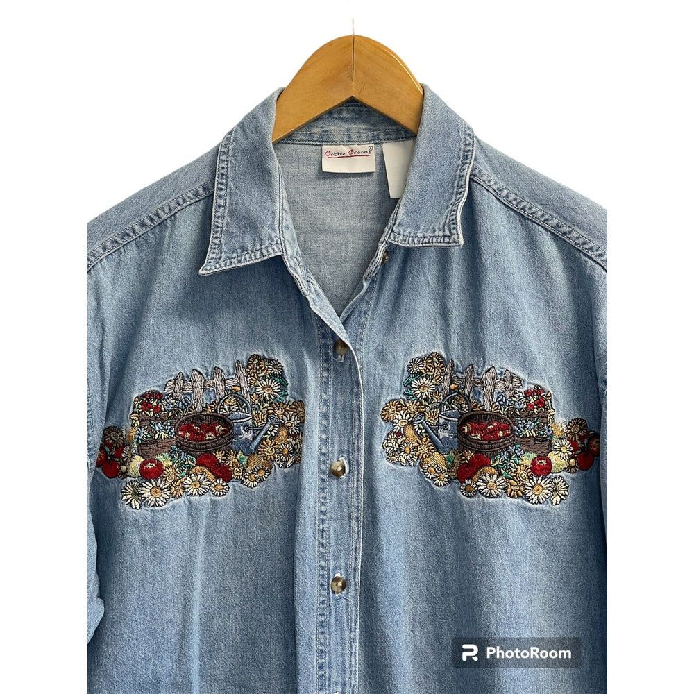 Bobbie Brooks Womens XL Short‎ Blue Floral Denim Short Sleeve Button-Up Harvest